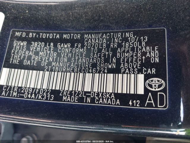 2T1BURHE8EC046724 Toyota Corolla S Plus