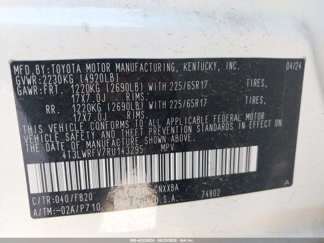 4T3LWRFV7RU143295 Toyota a25a-fxs