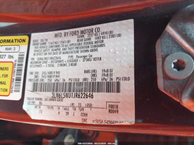 3LN6L5NU1JR622646 Lincoln Mkz Hybrid Black Label