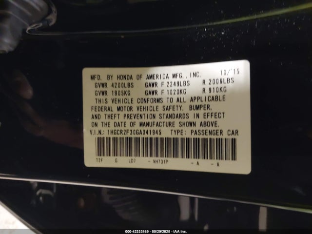 1HGCR2F30GA041945 Honda ACCORD LX