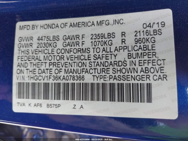 2019 HONDA ACCORD 1HGCV1F36KA078366 Photo 8