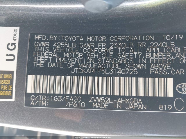 Toyota 2zr-fxe+1nm+1sm 2020 JTDKARFP5L3140725 Image 9