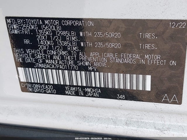 JTMABACA7PA011770 Toyota Bz4x Limited