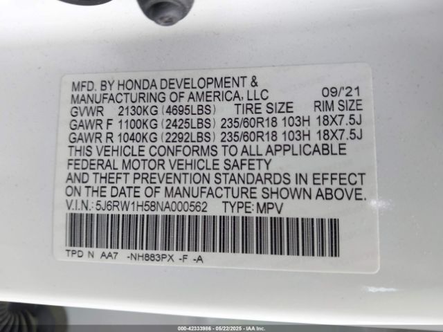 5J6RW1H58NA000562 Honda Cr-v 2wd Ex