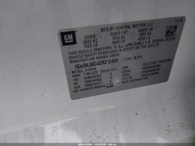 2016 CHEVROLET SUBURBAN 1GNSKJKC4GR215460 Photo 8