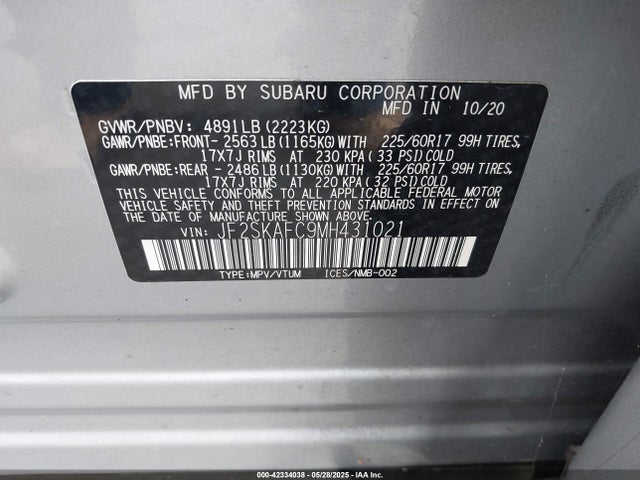 Subaru na u5 2021 JF2SKAFC9MH431021 Image 9