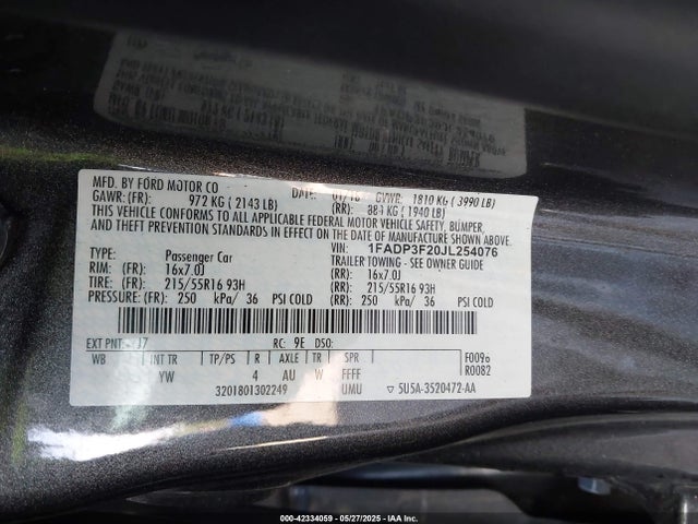 1FADP3F20JL254076 Ford FOCUS SE
