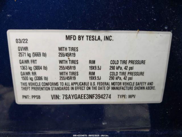 2022 TESLA MODEL Y 7SAYGAEE3NF394274 Photo 8