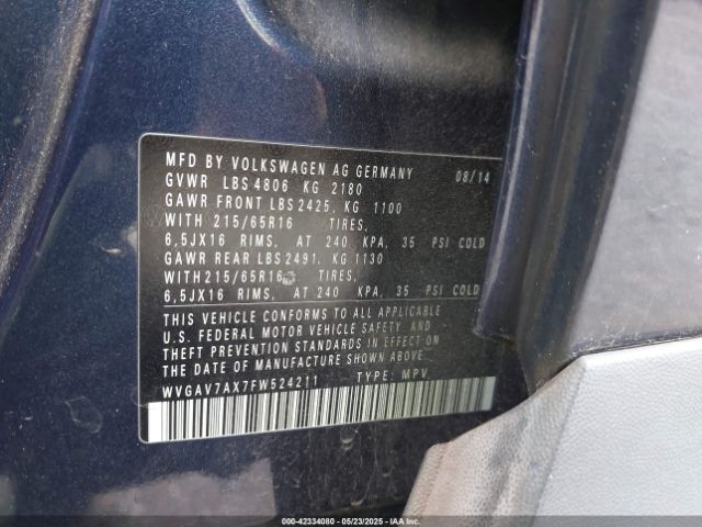 WVGAV7AX7FW524211 Volkswagen TIGUAN S