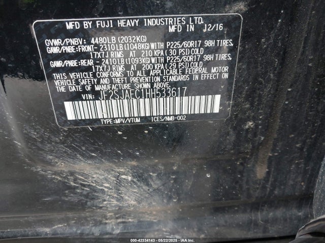 JF2SJAEC1HH533617 Subaru naturally aspirated u5