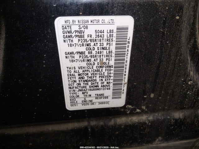Auction sale of the 2009 Nissan Murano S, vin: JN8AZ18U89W013746, lot number: 42334162