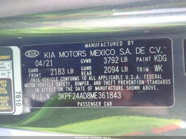3KPF24AD8ME361843 KIA Forte Lxs