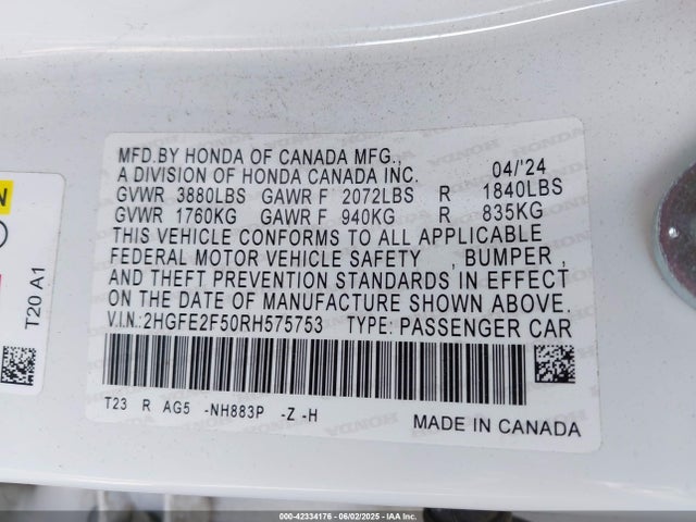 Honda k20c2 2024 2HGFE2F50RH575753 Image 9