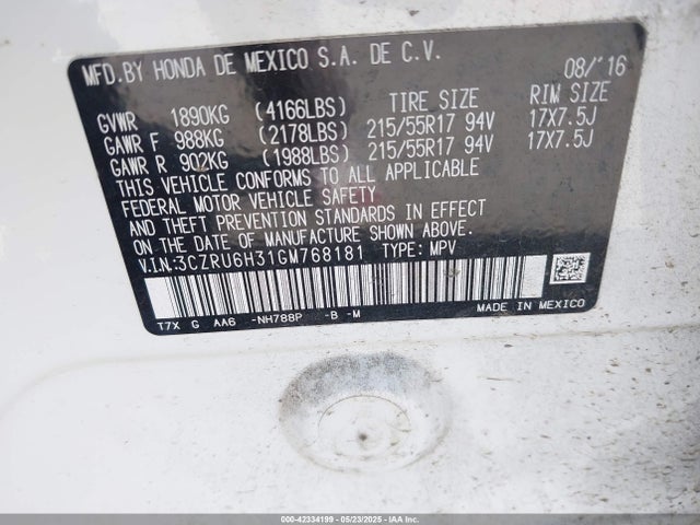 3CZRU6H31GM768181 Honda r18z9