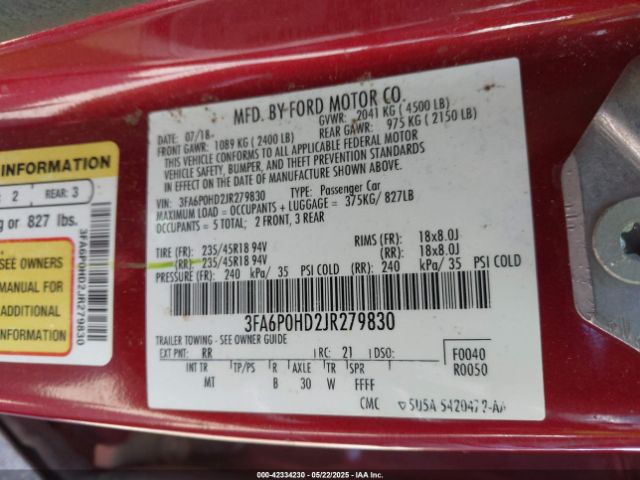 2018 FORD FUSION 3FA6P0HD2JR279830 Photo 8