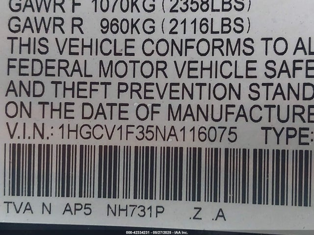 1HGCV1F35NA116075 Honda l15be