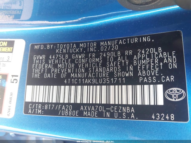 4T1C11AK9LU351711 Toyota a25a-fks