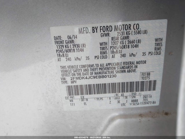 2FMDK4JC9EBB01230 Ford EDGE SEL