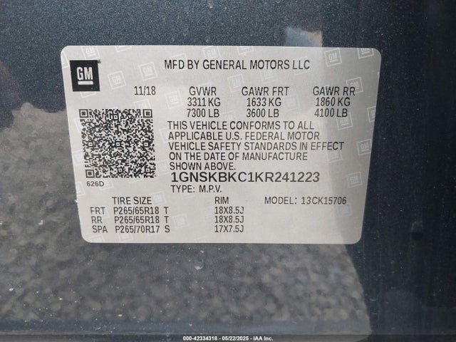 1GNSKBKC1KR241223 Chevrolet l83 - spark ignited direct injection, variable valve timing, afm, e85 max, alum