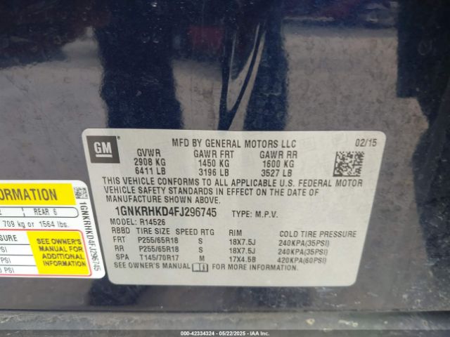 1GNKRHKD4FJ296745 Chevrolet Traverse 2lt