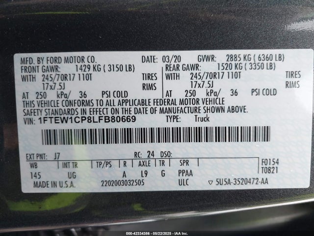 Ford F-150 Xlt 2020 1FTEW1CP8LFB80669 Image 9