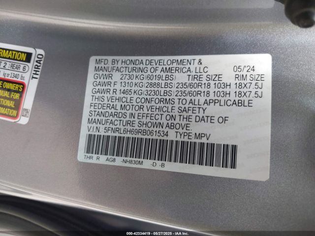 5FNRL6H69RB061534 Honda Odyssey Ex-l