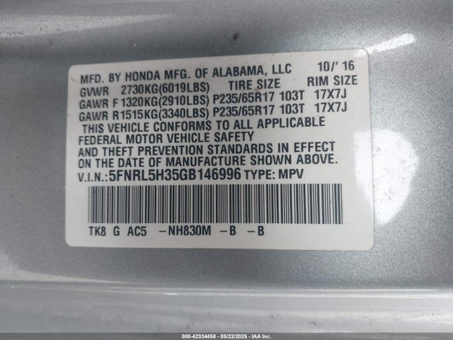 5FNRL5H35GB146996 Honda ODYSSEY SE