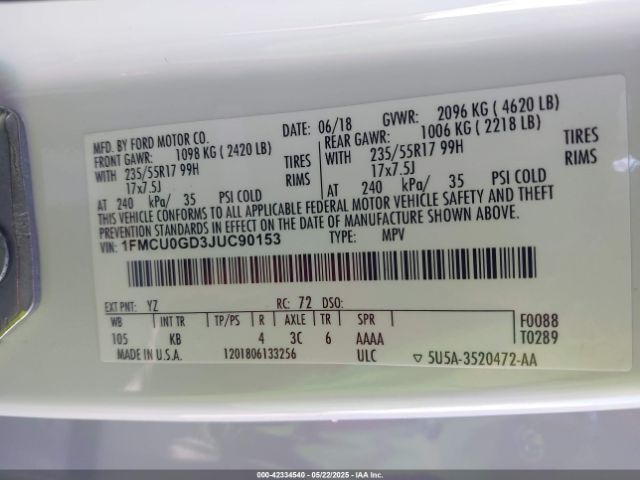 1FMCU0GD3JUC90153 Ford ESCAPE SE