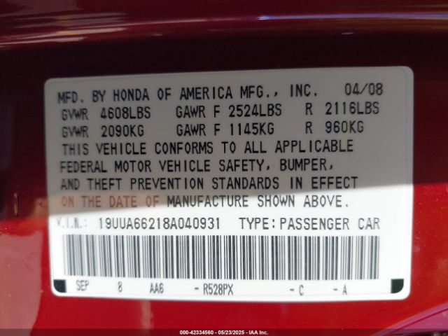 2008 ACURA TL 19UUA66218A040931 Photo 8