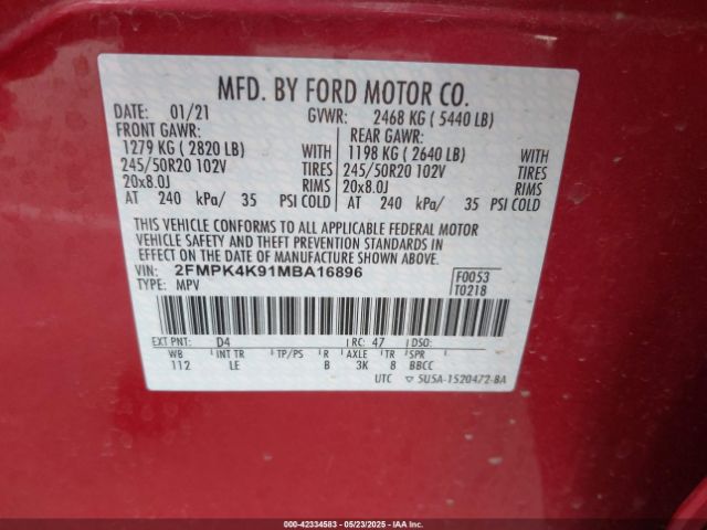 2FMPK4K91MBA16896 Ford Edge Titanium