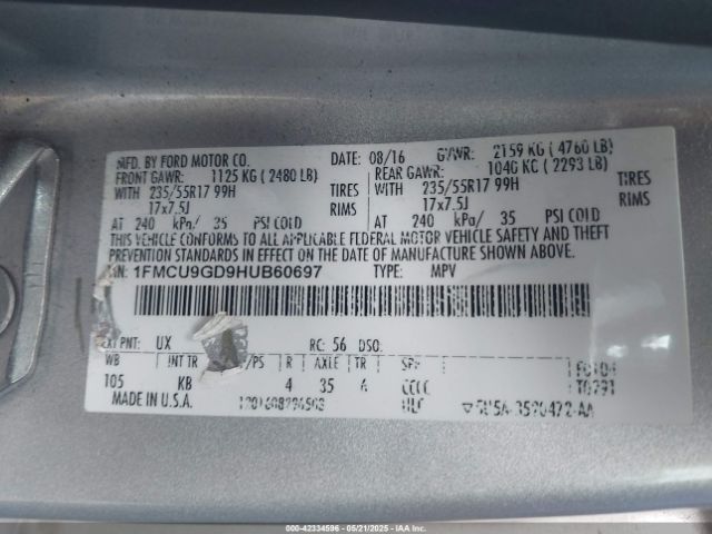 1FMCU9GD9HUB60697 Ford ESCAPE SE
