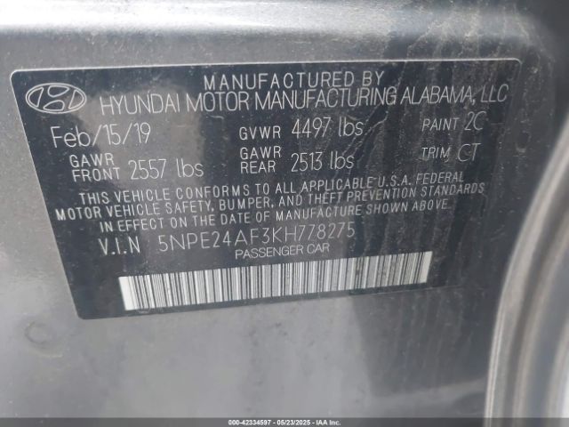 2019 HYUNDAI SONATA 5NPE24AF3KH778275 Photo 8