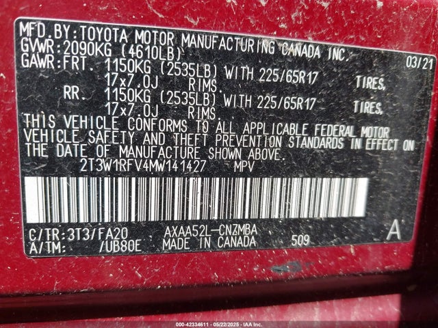 2T3W1RFV4MW141427 Toyota a25a-fks