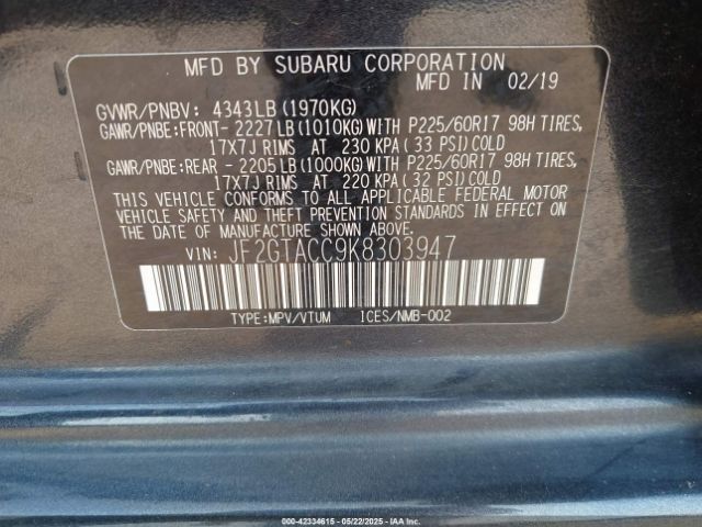 JF2GTACC9K8303947 Subaru naturally aspirated
