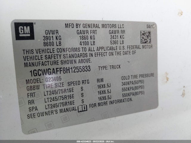 1GCWGAFF8H1255833 Chevrolet Express 2500 Work Van