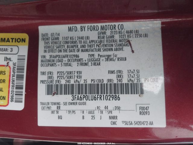 3FA6P0LU6FR102986 Ford Fusion Hybrid Se