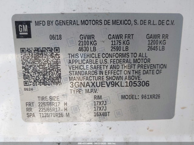 3GNAXUEV9KL105306 Chevrolet lyx - direct injection, vvt, fgt, turbo, alum, gen1
