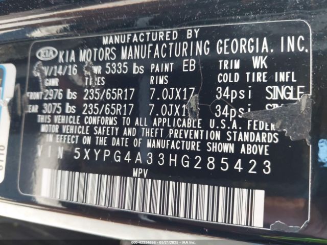 5XYPG4A33HG285423 KIA Sorento 2.4l Lx