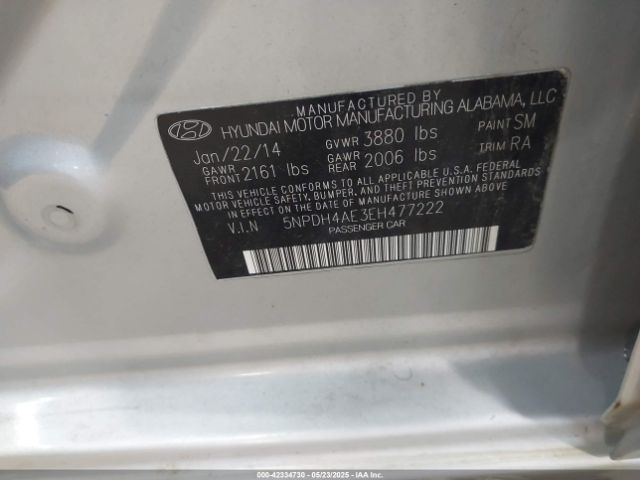 5NPDH4AE3EH477222 Hyundai ELANTRA SE