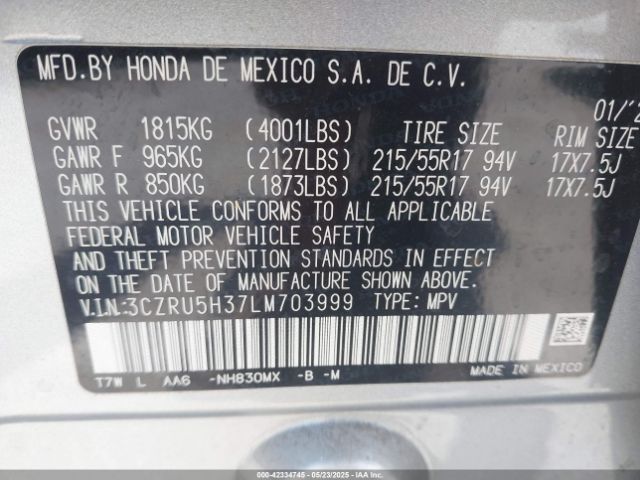 3CZRU5H37LM703999 Honda Hr-v 2wd Lx