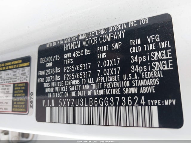 5XYZU3LB6GG373624 Hyundai gdi theta ii