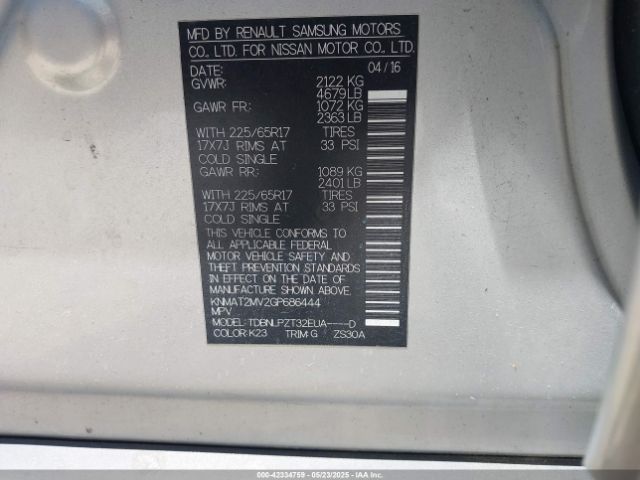 KNMAT2MV2GP686444 Nissan Rogue S/sl/sv