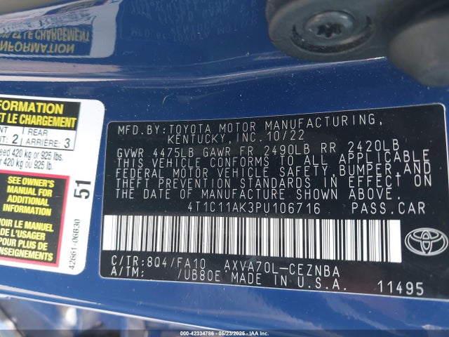 4T1C11AK3PU106716 Toyota CAMRY LE