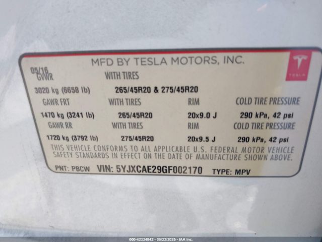 5YJXCAE29GF002170 Tesla Model X 60d/70d/75d/90d