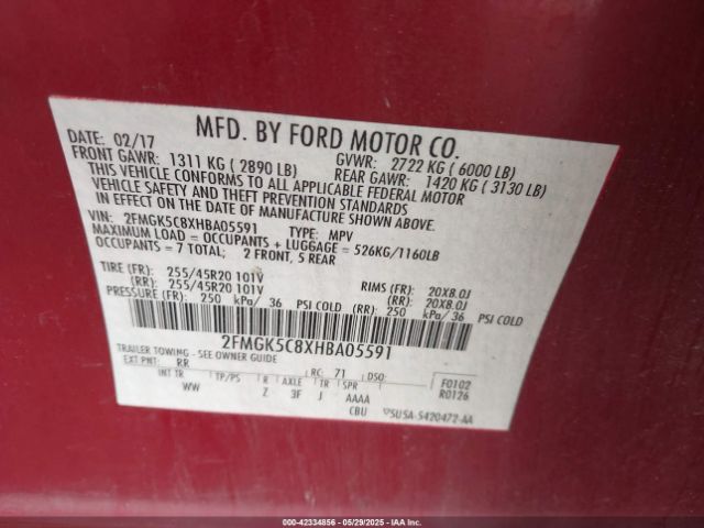 2FMGK5C8XHBA05591 Ford FLEX SEL