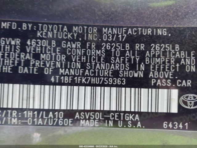 4T1BF1FK7HU759363 Toyota CAMRY XLE