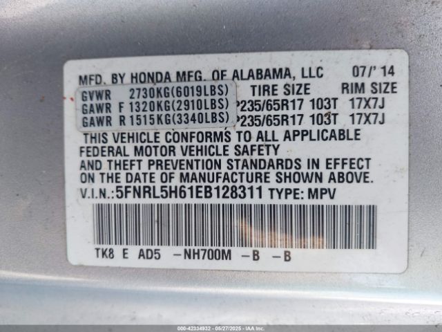 2014 HONDA ODYSSEY 5FNRL5H61EB128311 Photo 8