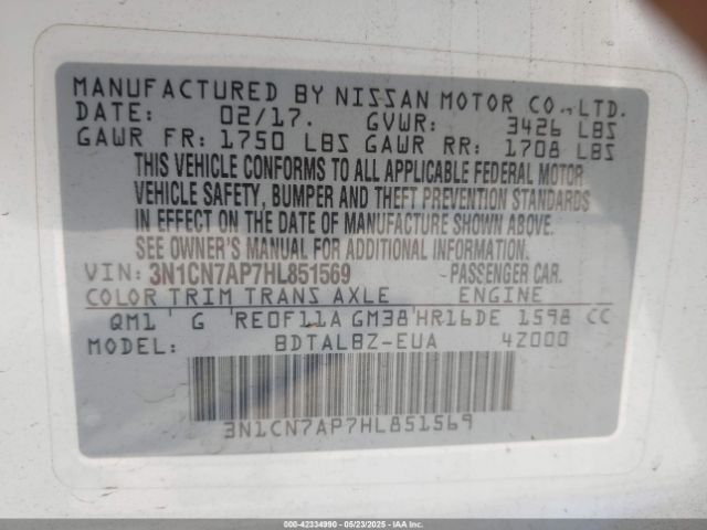 2017 NISSAN VERSA 3N1CN7AP7HL851569 Photo 8