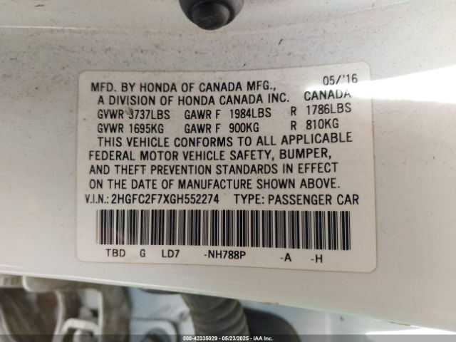 2HGFC2F7XGH552274 Honda CIVIC EX