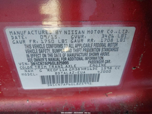 3N1CN7AP6GL825995 Nissan Versa 1.6 S+